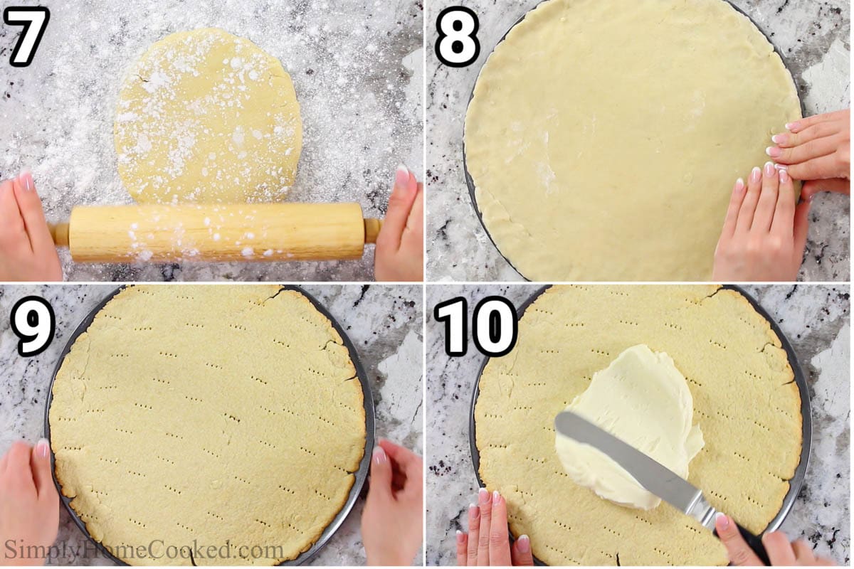 Steps for making Fruit Pizza, including rolling out the cookie dough, then baking it before spreading the cream cheese frosting on top with a knife.