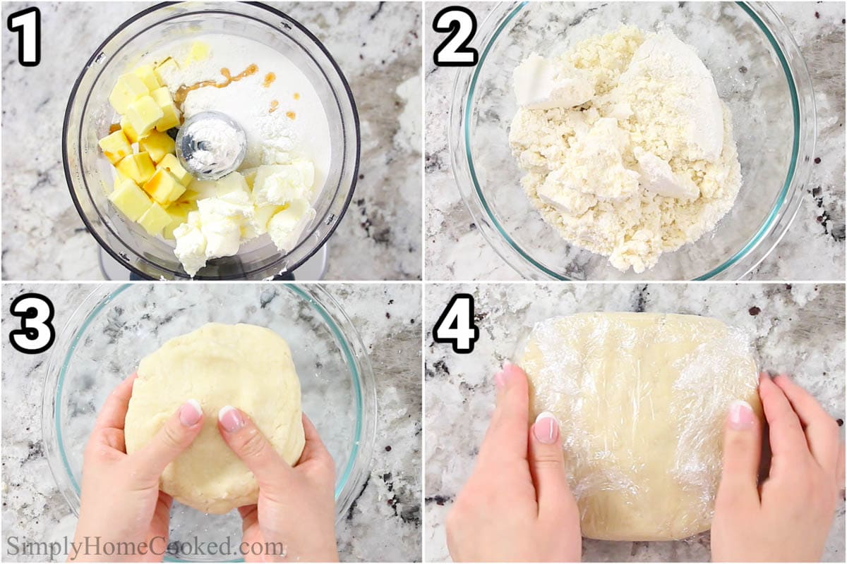 Steps for making Fruit Pizza, including mixing cookie dough ingredients in a food processor and then molding the dough into a ball and wrapping it in plastic wrap.