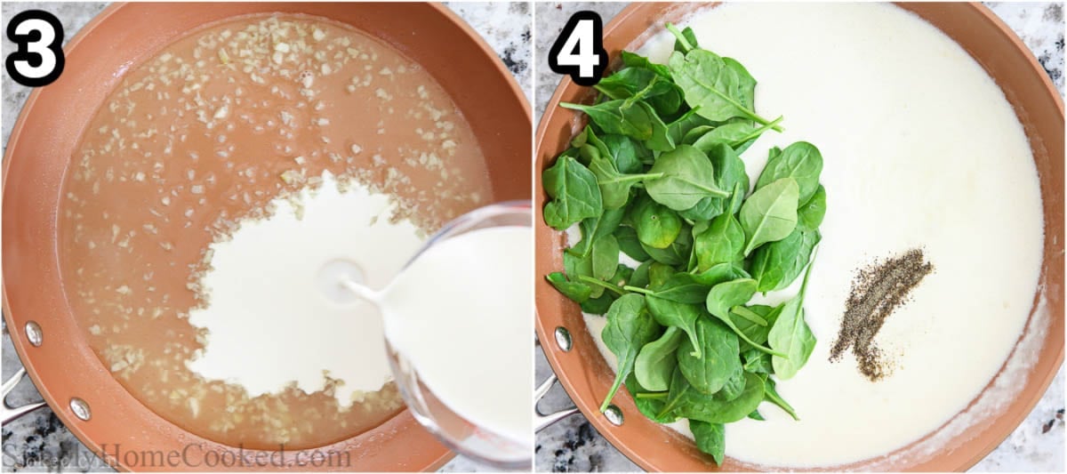 Steps to make Lobster Ravioli, including adding in the heavy cream, then the seasonings and spinach to simmer in the sauce.