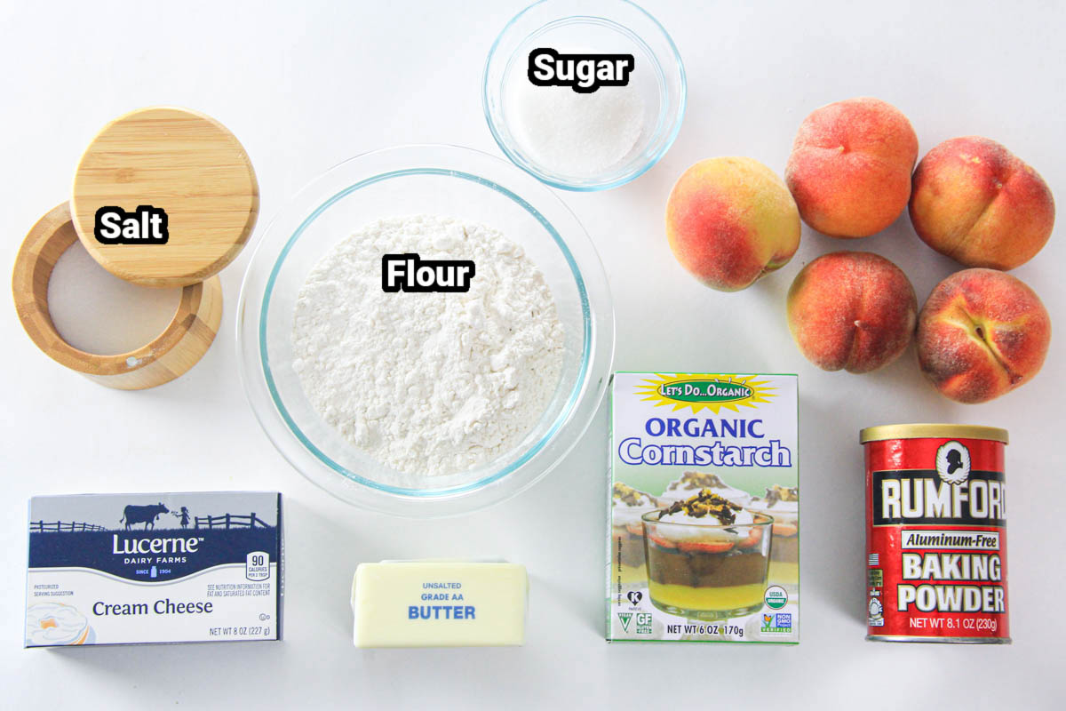 Ingredients for Peach Galette Recipe, including peaches, salt, flour, sugar, cornstarch, baking powder, butter, and cream cheese.