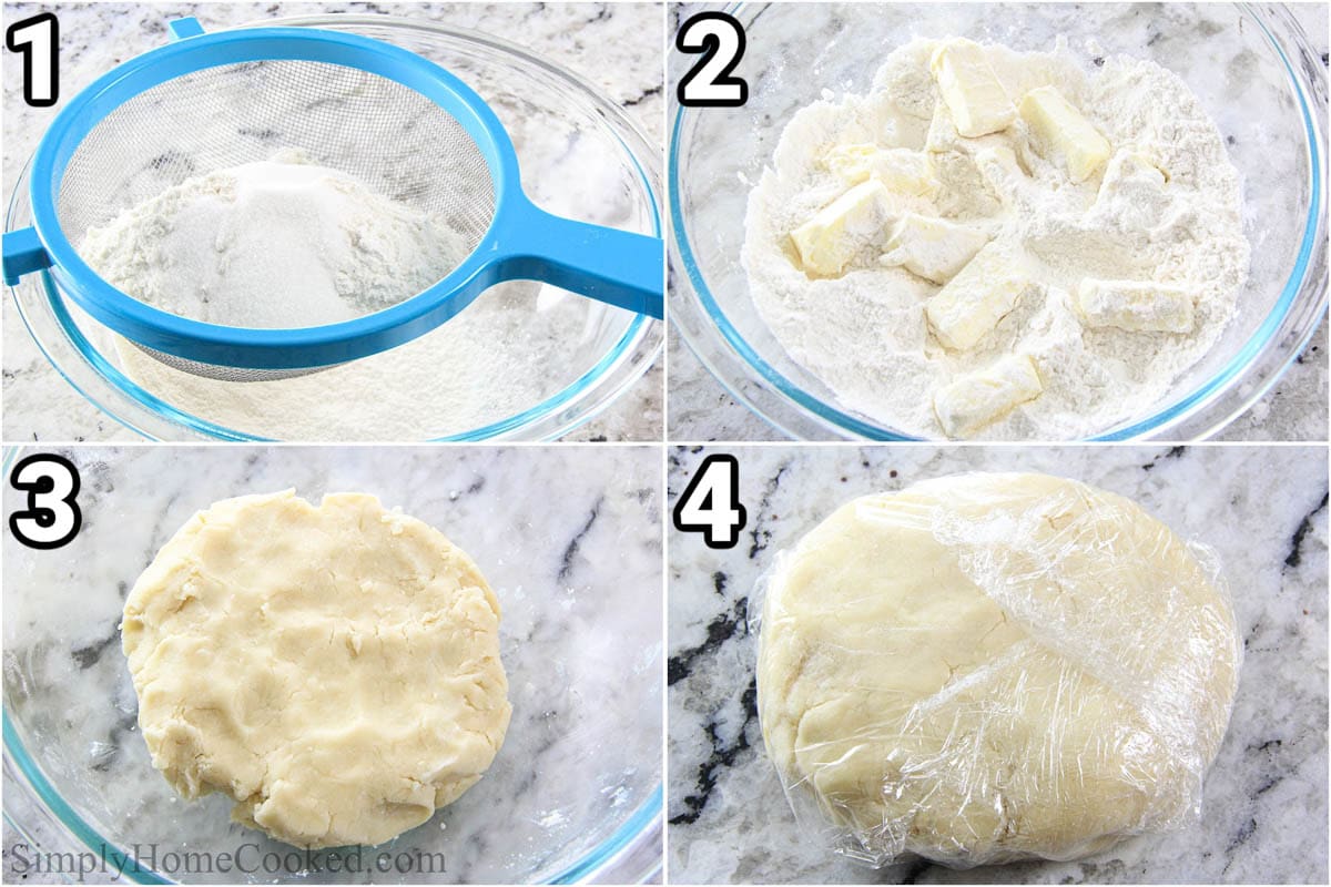 Steps to make Peach Galette Recipe, including sifting and mixing the crust ingredients and forming a disk from the dough.