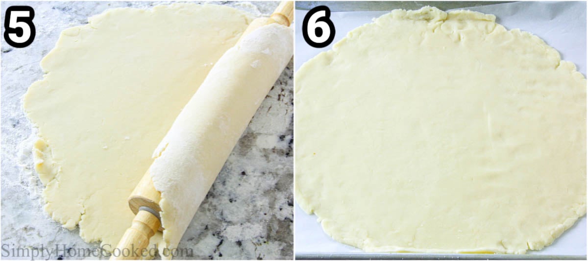 Steps to make Peach Galette Recipe, including rolling out the chilled dough to a circle.