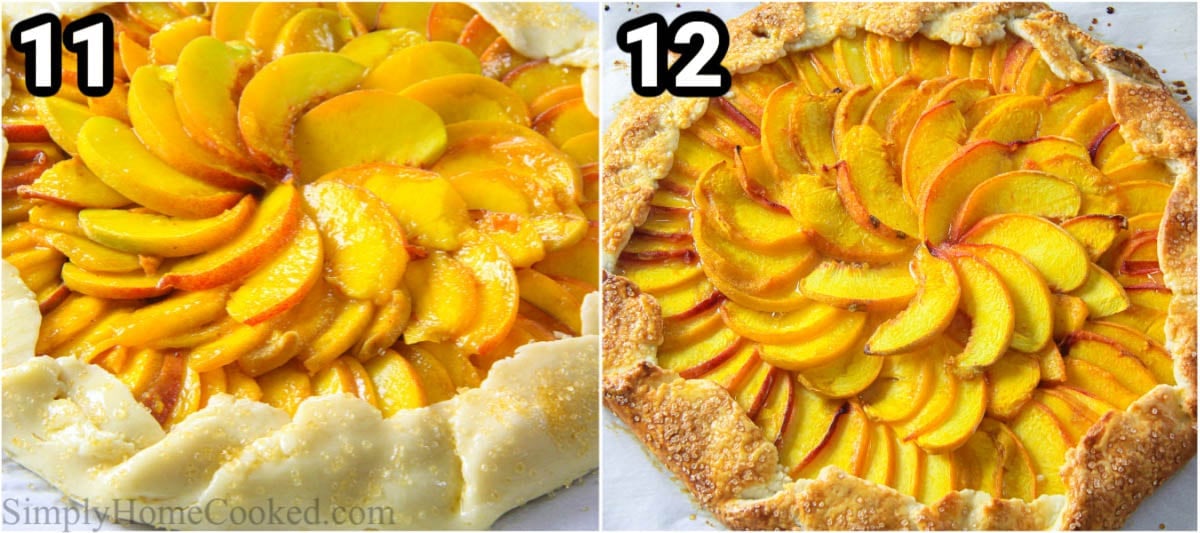 Steps to make Peach Galette Recipe, including folding up the sides of the galette, adding egg wash, and baking it.