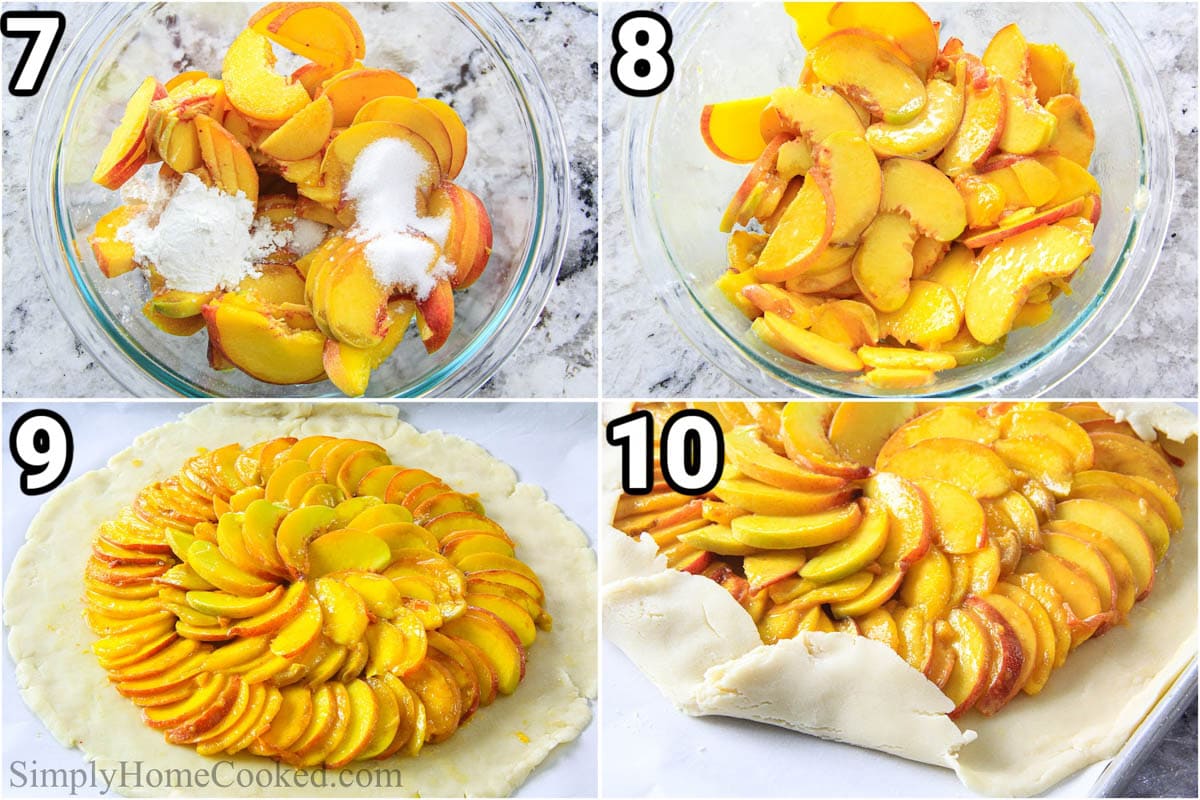 Steps to make Peach Galette Recipe, including slicing the peaches and mixing them with sugar and cornstarch, then assembling them in a fan pattern in the dough.