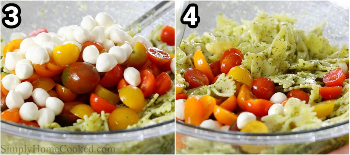 Steps to make Pesto Pasta Salad, including combining the mozzarella, cherry tomatoes and pesto pasta together in a bowl.