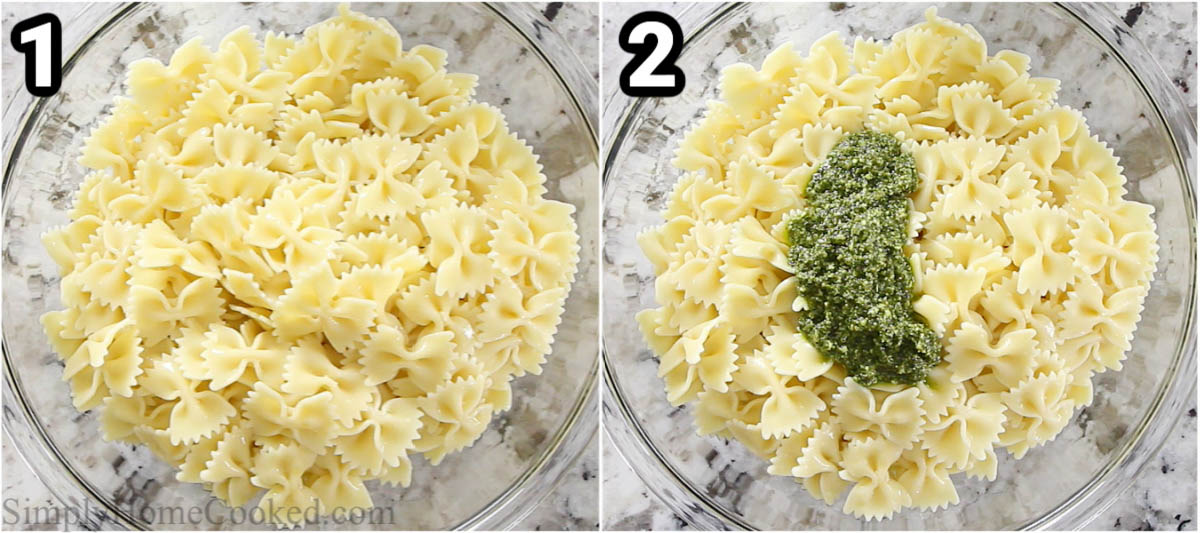 Steps to make Pesto Pasta Salad, including mixing the cooked pasta with pesto sauce in a bowl.