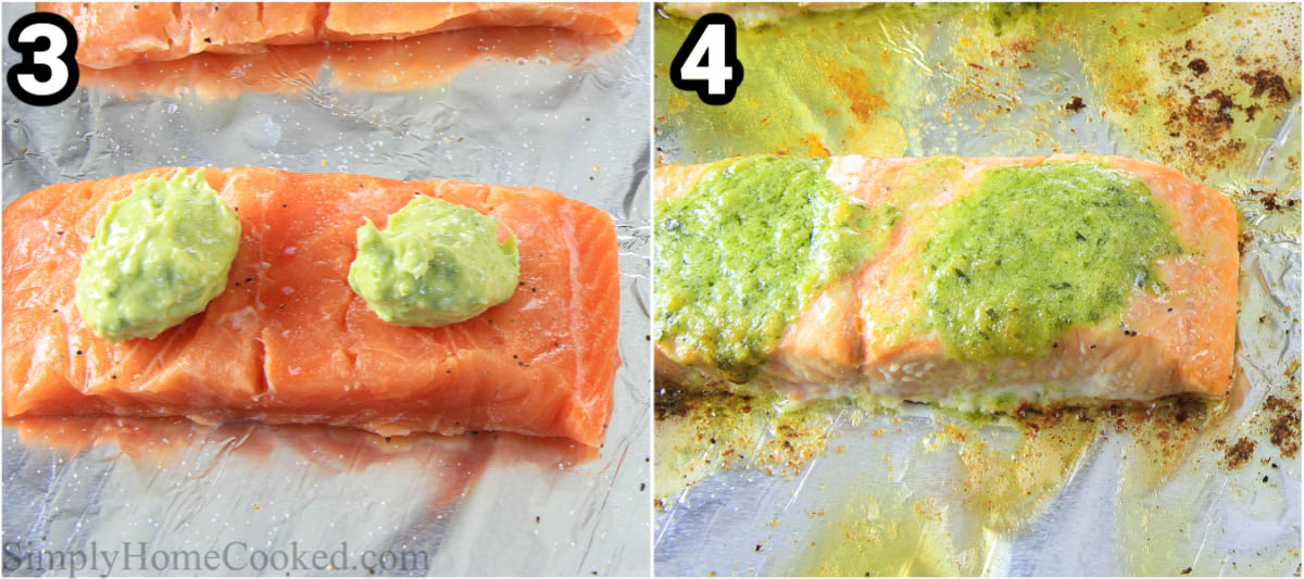 Steps to make Pesto Salmon, including covering the salmon filets with pesto butter and then baking them.