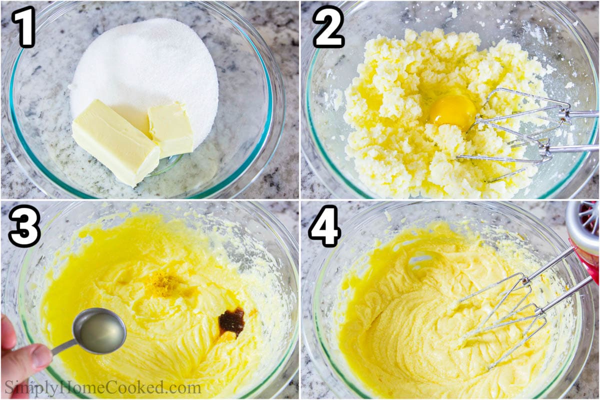 Steps to make Strawberry Bundt Cake, including mixing the wet ingredients in a bowl with an electric hand mixer. 