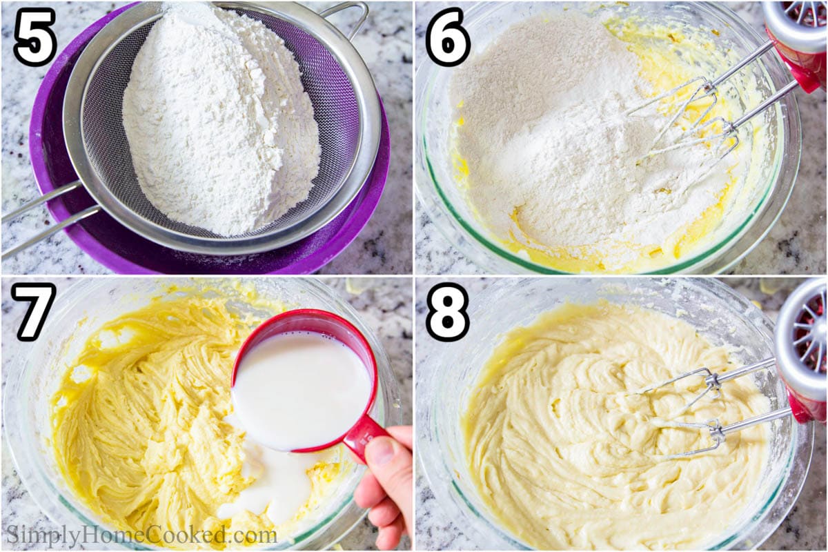 Steps to make Strawberry Bundt Cake, including sifting the dry ingredients together, then adding them with buttermilk to the batter, mixing with an electric hand mixer.