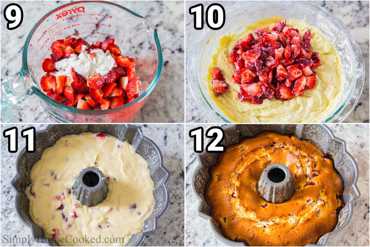 Steps to make Strawberry Bundt Cake, including mixing the strawberries with flour and then adding them to the cake batter, pouring it into the bundt cake pan and then baking it.
