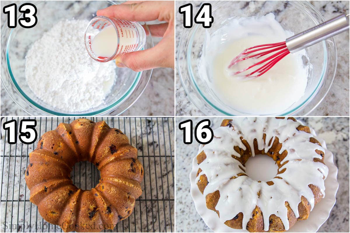 Steps to make Strawberry Bundt Cake, including making the glaze and then drizzling it over the cooled bundt cake.