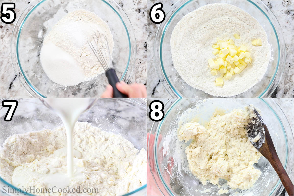 Steps to make Strawberry Cobbler, including making the biscuit dough by whisking the ingredients, adding the cubed butter and buttermilk, and then combining with a wooden spoon.