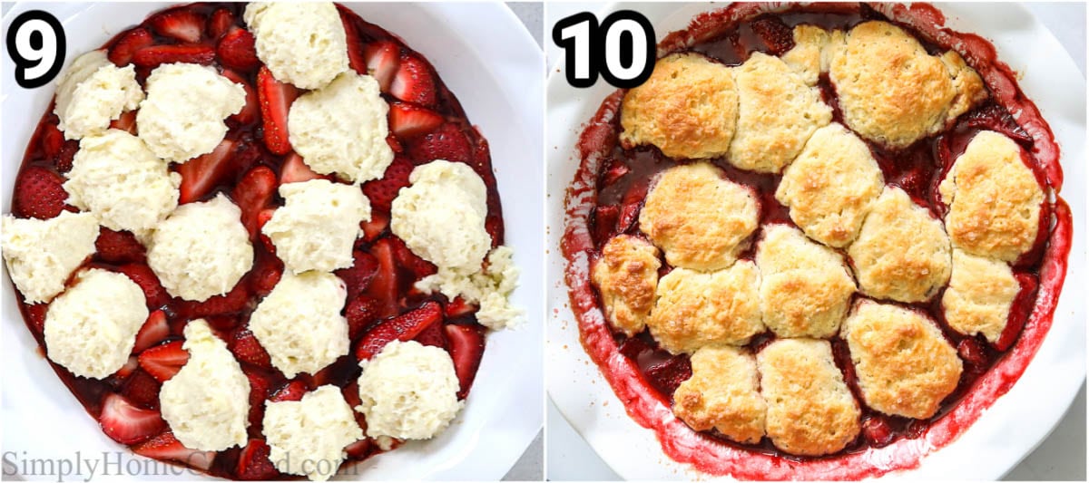 Steps to make Strawberry Cobbler, including topping the fruit with scoops of dough and baking until golden brown.