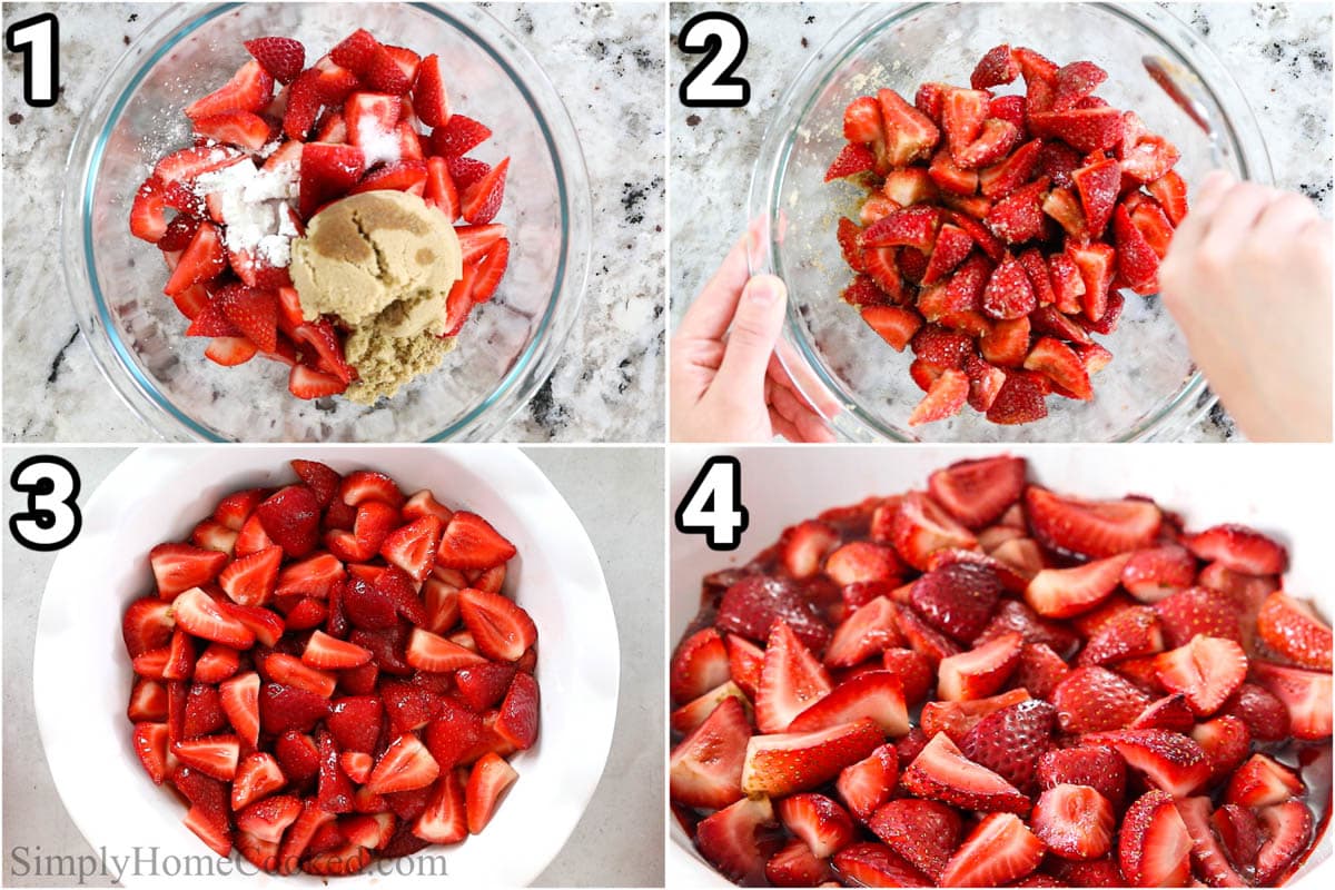 Steps to make Strawberry Cobbler, including mixing the sugars, cornstarch, and vanilla with the chopped strawberries in a bowl, then baking them in the pie dish.