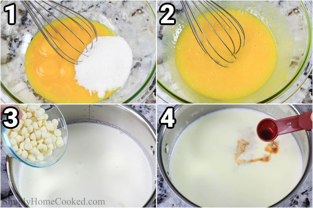 Steps to make White Chocolate Creme Brulee, including making the custard with sugar and eg yolks, then melting the chocolate in heavy cream and adding vanilla.