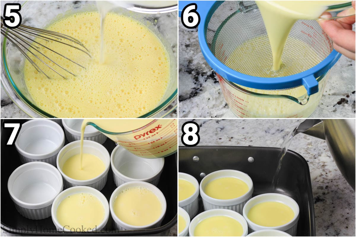 Steps to make White Chocolate Creme Brulee, including combining the eggs and hot cream, then straining and filling the ramekins in a water bath.