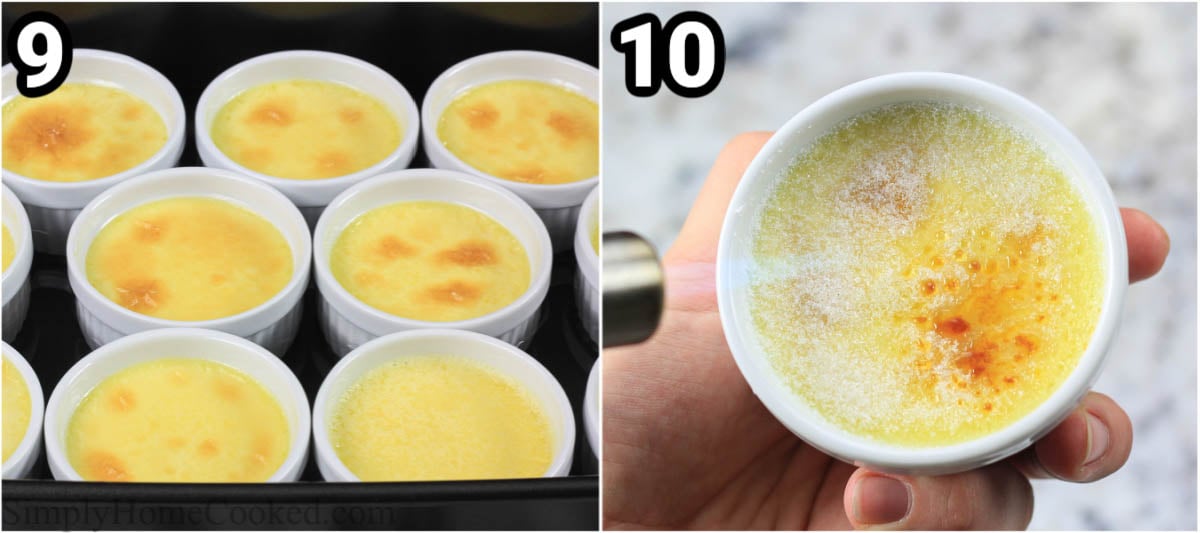 Steps to make White Chocolate Creme Brulee, including baking them and then caramelizing the sugar on top with a torch.