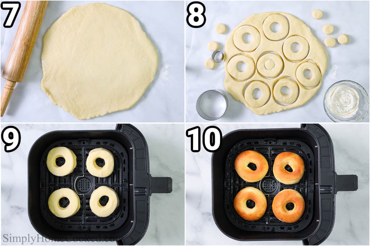 Steps to make Glazed Air Fryer Donuts: roll out the donut dough and cut out shapes, then air fry them.