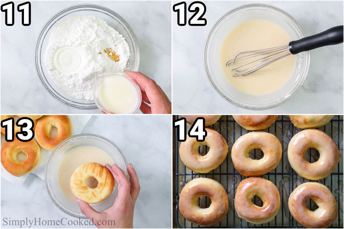 Steps to make Glazed Air Fryer Donuts: make the glaze by whisking the ingredients in a bowl, then dipping the donuts into it, and letting them set on a cooling rack.