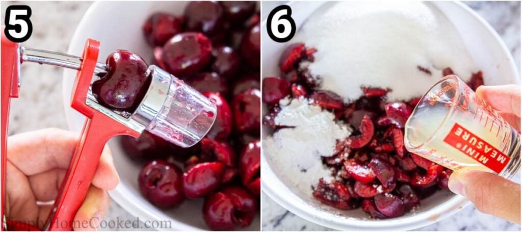 Steps to make Cherry Danish, including pitting the fresh cherries, cutting them in half, and then combining them with cornstarch, sugar, and lemon juice.