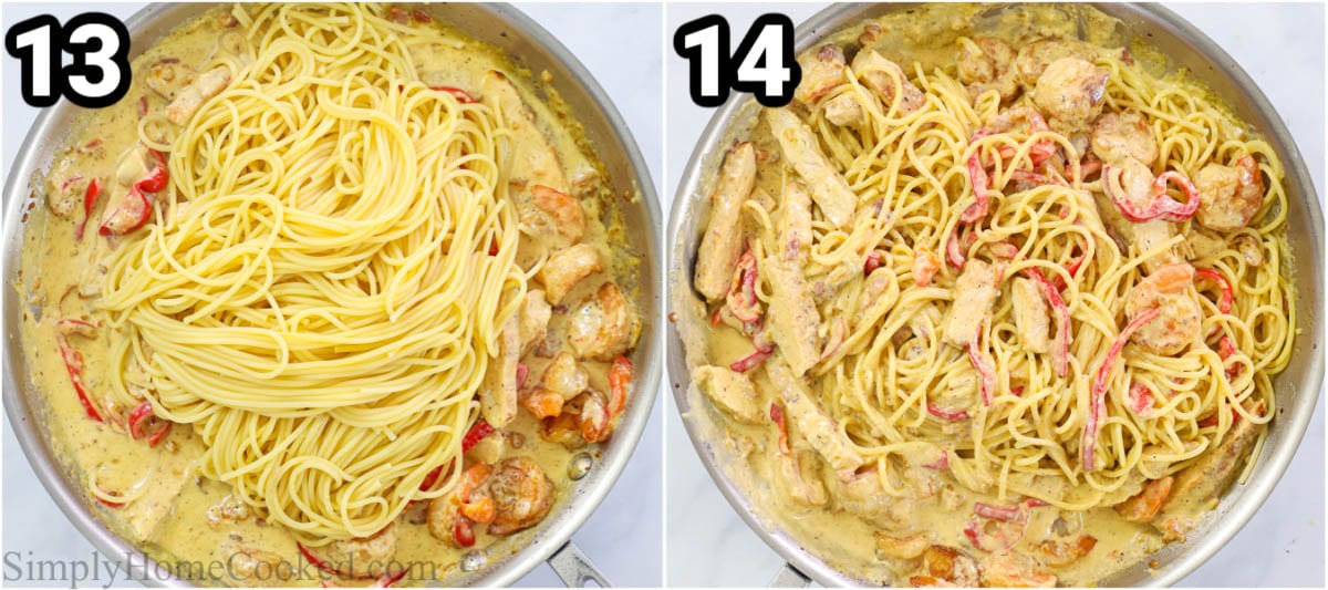 Steps to make Chicken and Shrimp Carbonara: adding the spaghetti to the carbonara and mixing.