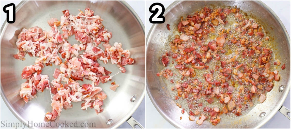 Steps to make Chicken and Shrimp Carbonara: cooking the bacon in a skillet.