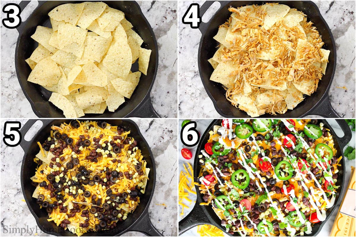 Ingredients for Loaded Chicken Nachos, including layering the chips, chicken, cheese, beans, and corn, baking to melt the cheese, and then adding the toppings.