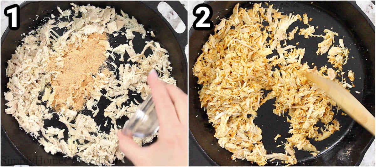 Steps to make Loaded Chicken Nachos, including warming the chicken in a skillet, mixing in taco seasoning with a wooden spoon.