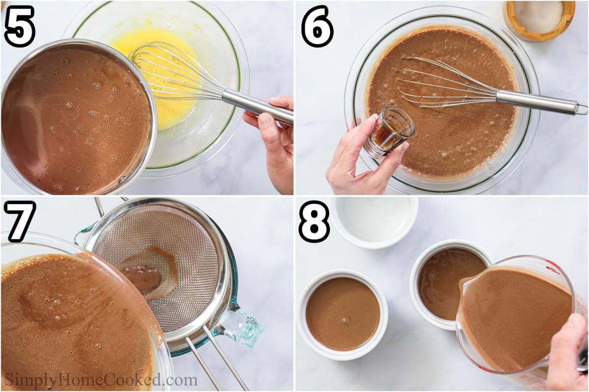 Steps to make Chocolate Creme Brulee, including adding the chocolate cream to the eggs, then adding vanilla before straining it through a sieve and pouring it into the ramekins.