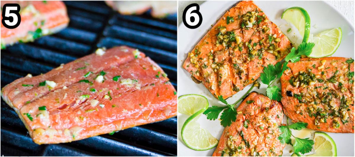 Steps to make Cilantro Lime Salmon: grilling the salmon and then drizzling with marinade and serving with lime slices and cilantro.