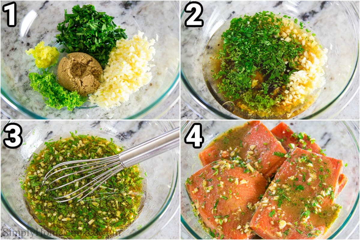 Steps to make Cilantro Lime Salmon: making the marinade in a bowl and whisking it together before marinating the salmon fillets in it.