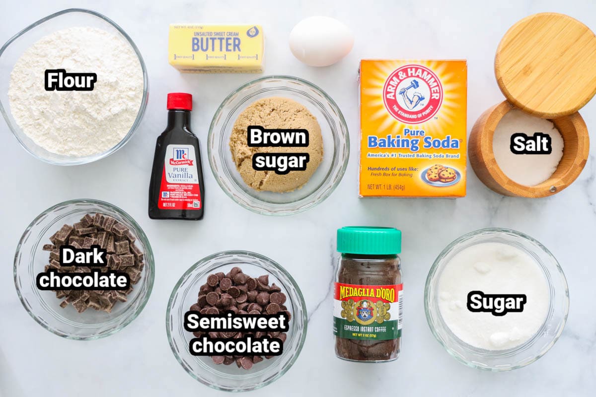 Ingredients for Coffee Cookies, including flour, butter, egg, vanilla, brown sugar, dark chocolate, semi-sweet chocolate, espresso powder, baking soda, salt, and sugar.