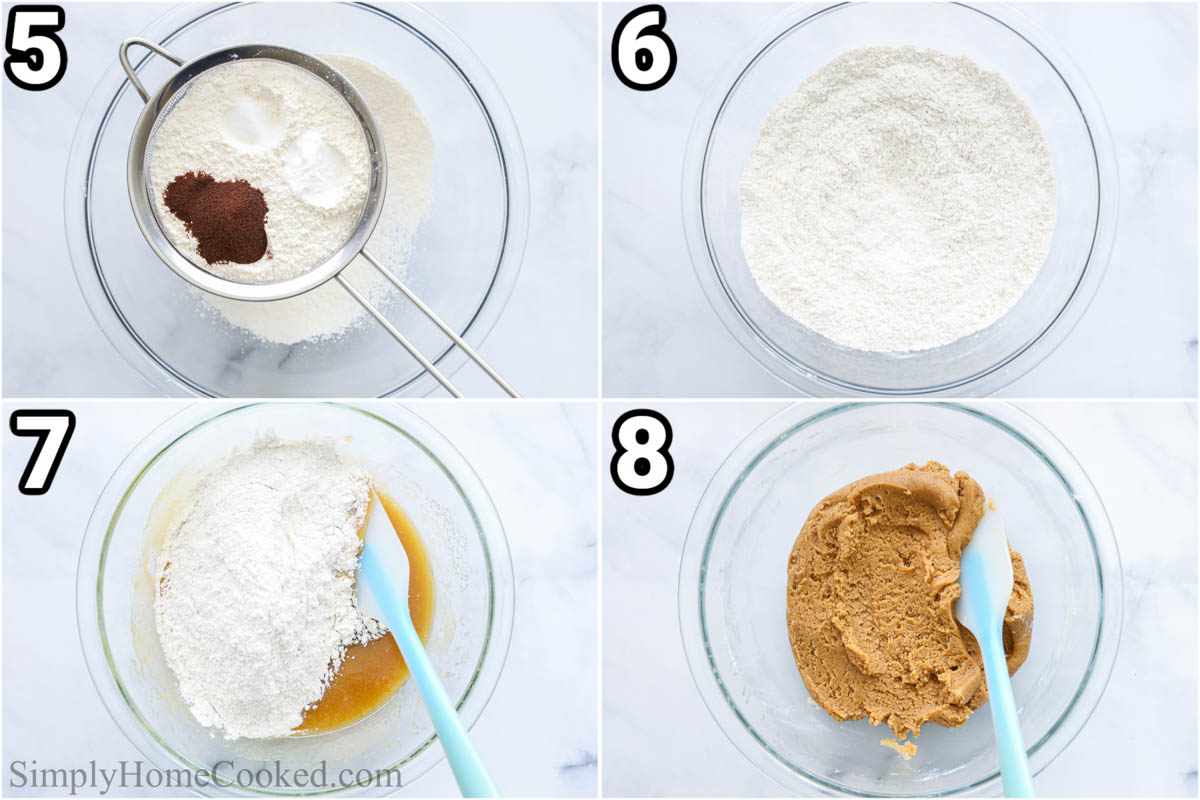 Steps to make Coffee Cookies, including sifting the dry ingredients into a large bowl and then adding them to the wet ingredients, combining with a spatula.