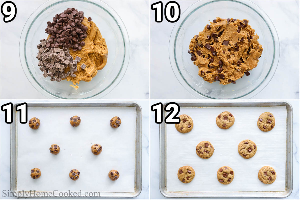 Steps to make Coffee Cookies, including mixing in the chocolate and then rolling the cookie dough into balls and baking on a baking sheet.