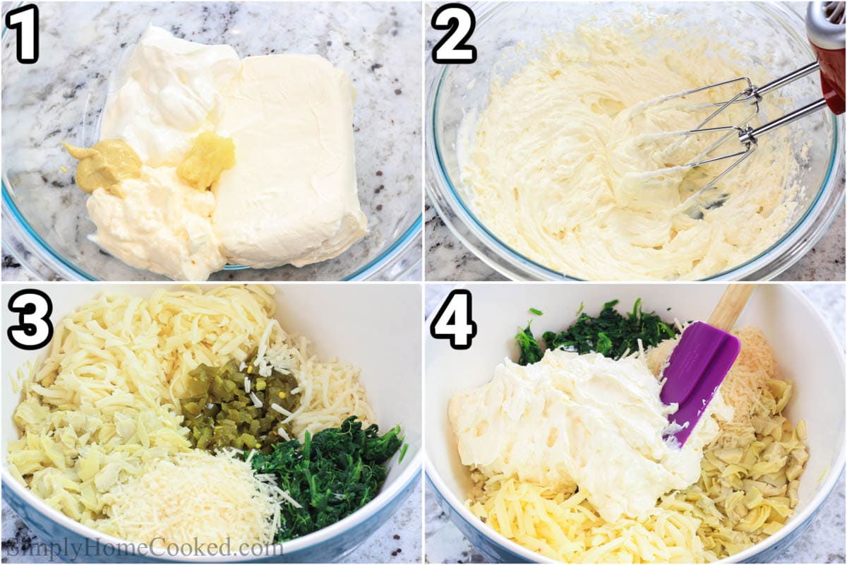 Steps to make Hot Artichoke Dip, including mixing the creamy ingredients together with a hand mixer, then combining the cheeses and spinach, jalapenos, and artichokes in a large bowl with a spatula.