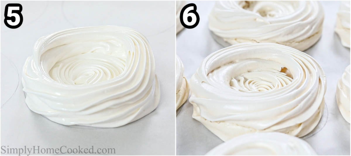 Steps to make Mini Pavlova Recipe with Chocolate, including baking the menngue bases.