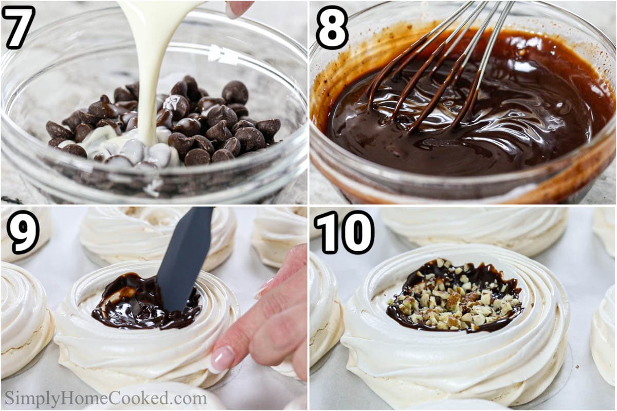 Steps to make Mini Pavlova Recipe with Chocolate, including making the chocolate ganache and then filling the meringue and topping with chopped pecans.