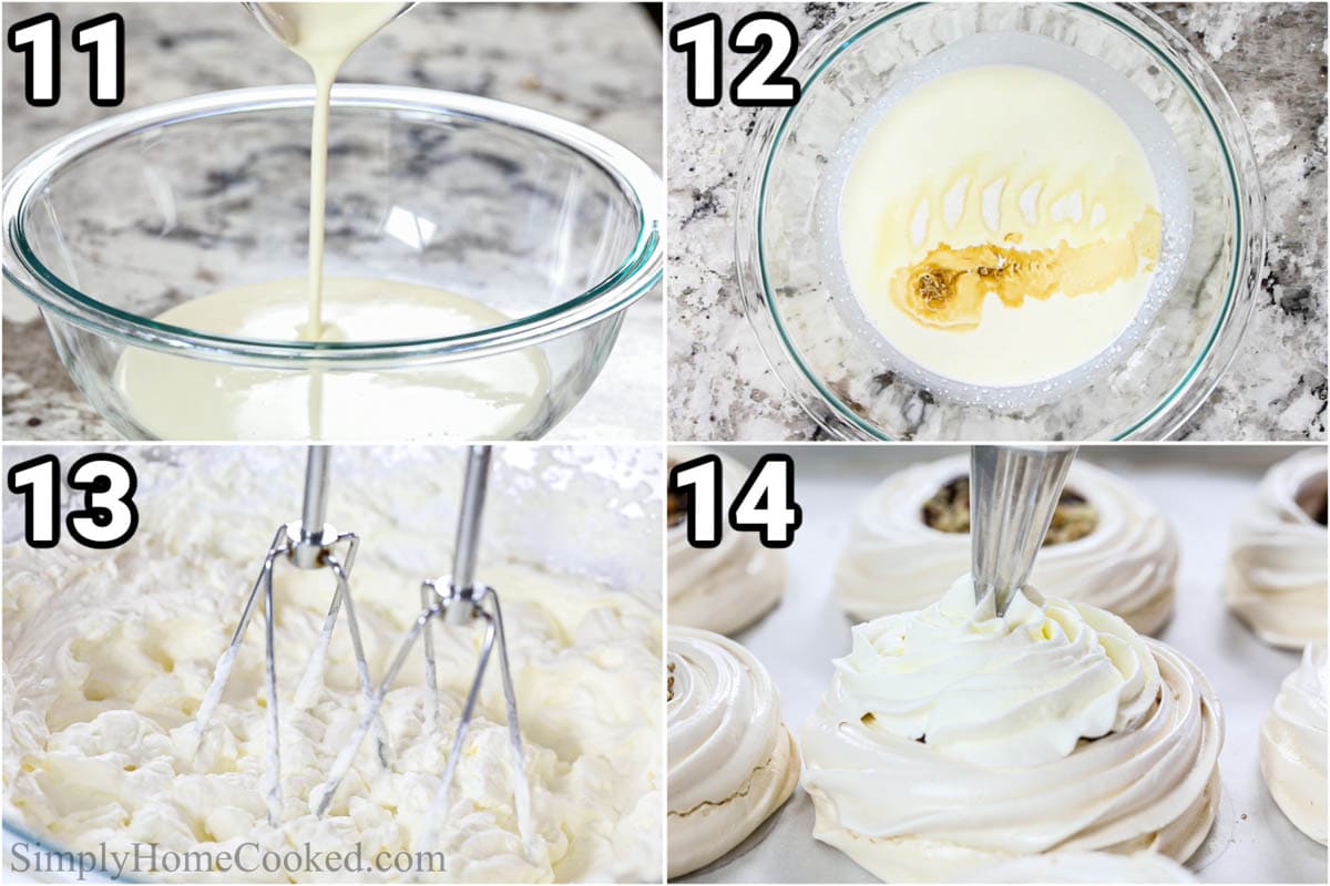 Steps to make Mini Pavlova Recipe with Chocolate, including making the whipped cream in a large bowl and then piping it on top of the pavlova.