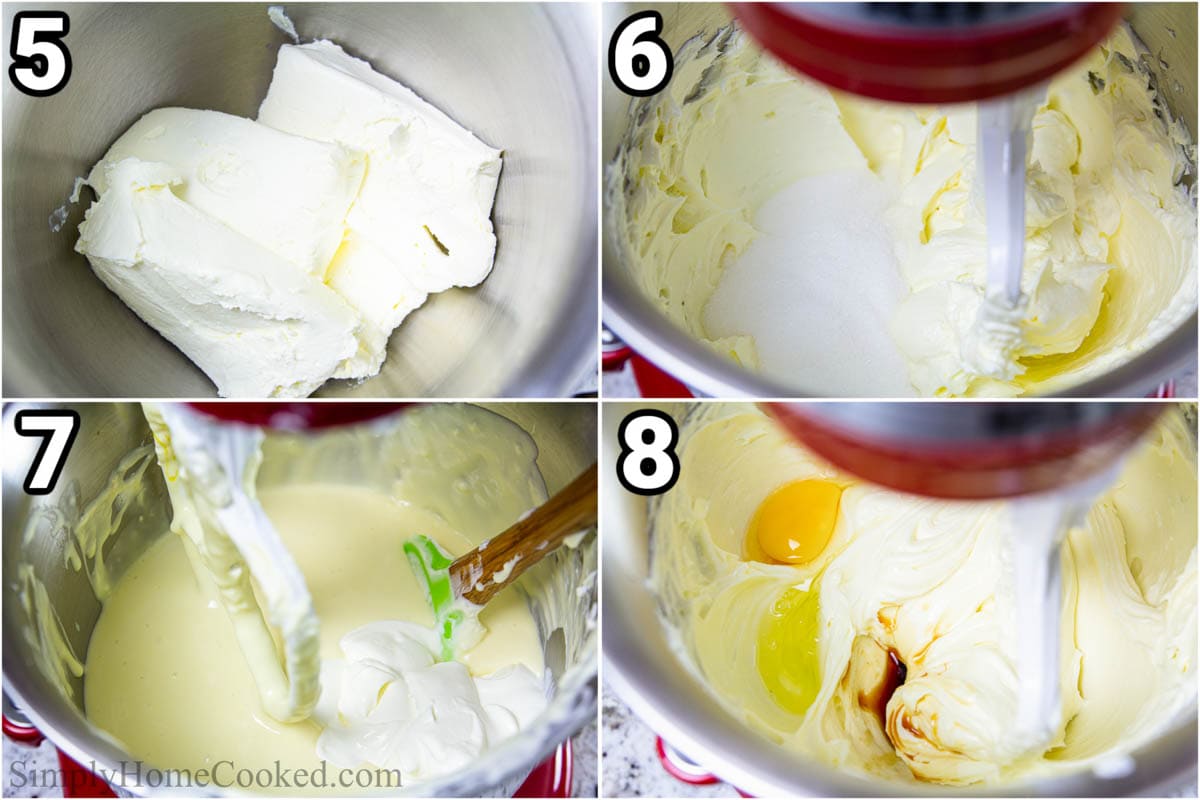 Steps to make New York Style Cheesecake, including mixing the filling ingredients together in a stand mixer.