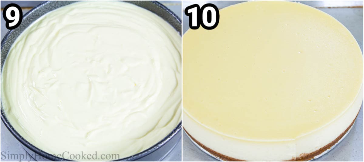 Steps to make New York Style Cheesecake, including adding the filling to the crust and baking slowly.