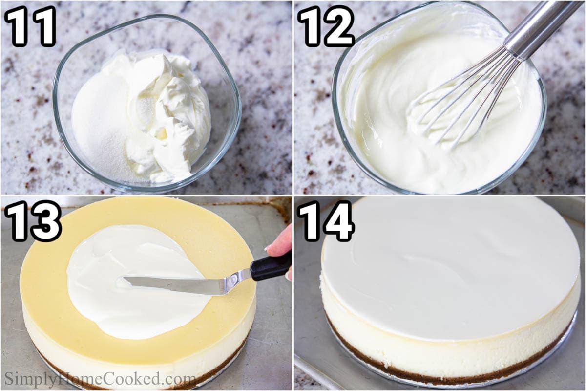 Steps to make New York Style Cheesecake, including combining the sour cream and sugar with a whisk, then spreading it on top of the cheesecake.