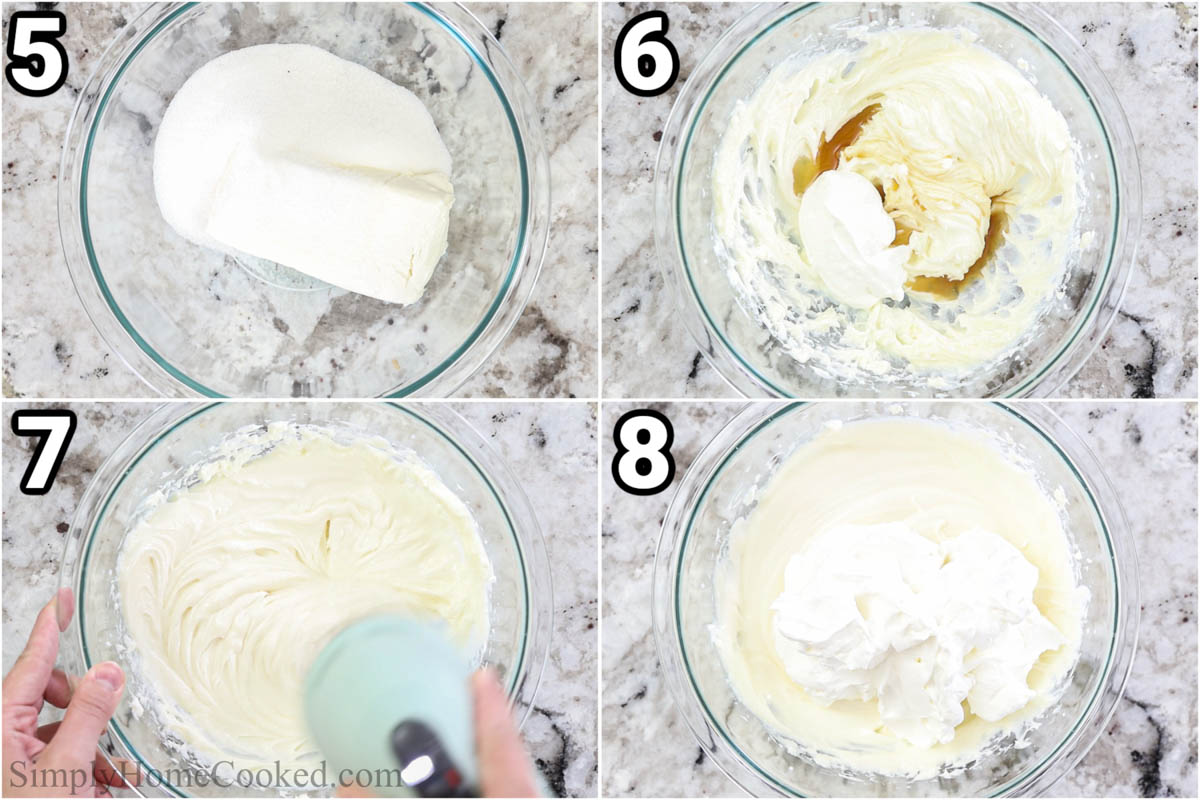 Steps to make No Bake Mini Cheesecakes, including combining the filling ingredients in a bowl with an electric hand mixer.