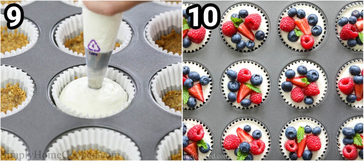 Steps to make No Bake Mini Cheesecakes, including piping the filling into the crusts and then topping them with fresh berries after they set.