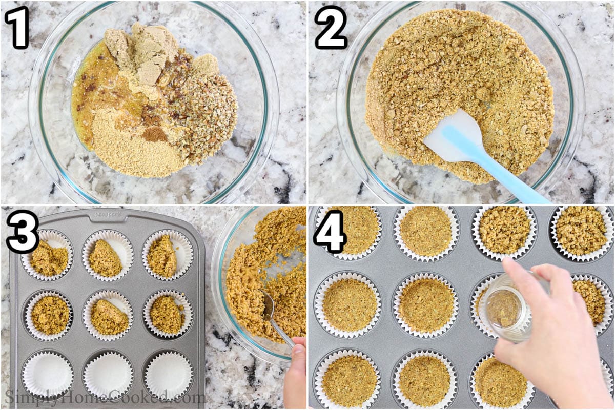 Steps to make No Bake Mini Cheesecakes, including mixing the crust ingredients with a spatula and then spooning them into cupcake liners, pressing them down firmly before baking.
