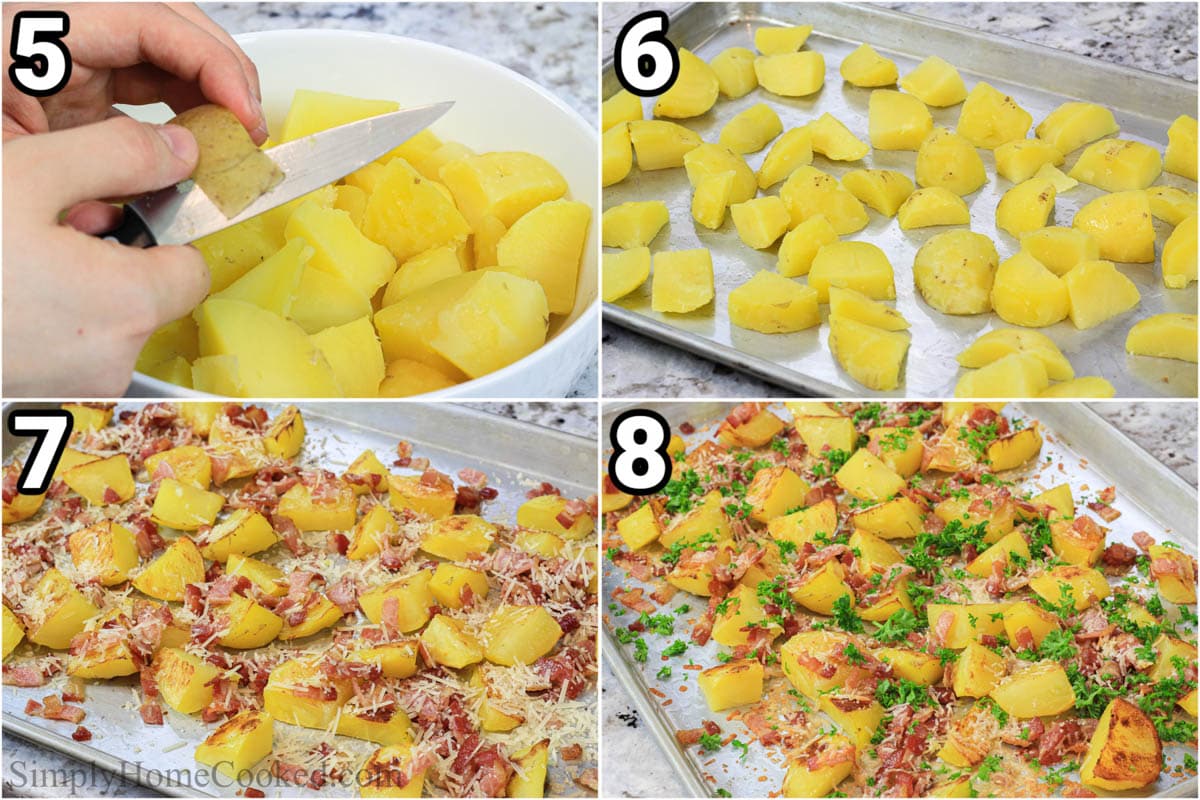 Steps to make Parmesan Roasted Potatoes, including cutting of the skins of the potatoes, roasting them with bacon, garlic, and parmesan, and then adding parsley on top.