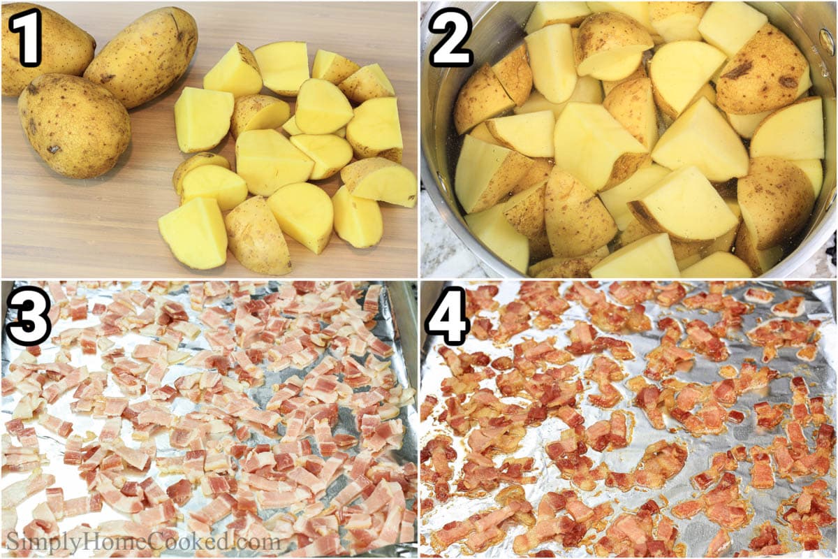 Steps to make Parmesan Roasted Potatoes, including cutting the potatoes and boiling them, then cooking the chopped bacon on a sheet pan.