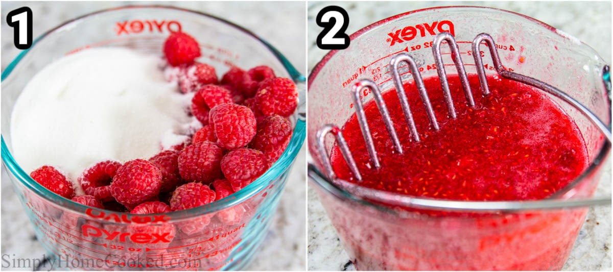 Steps for making raspberry sauce, including combining sugar and raspberries in a measuring cut and mash with a mashed potato.