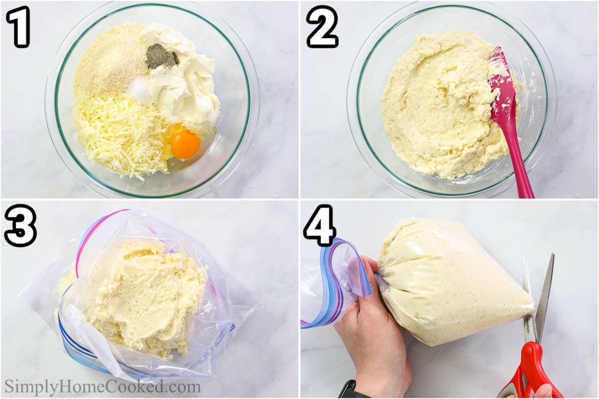 Steps to make Stuffed Manicotti, including making the cheese filling and adding it to the piping bag, then snipping off the end with a scissor. 