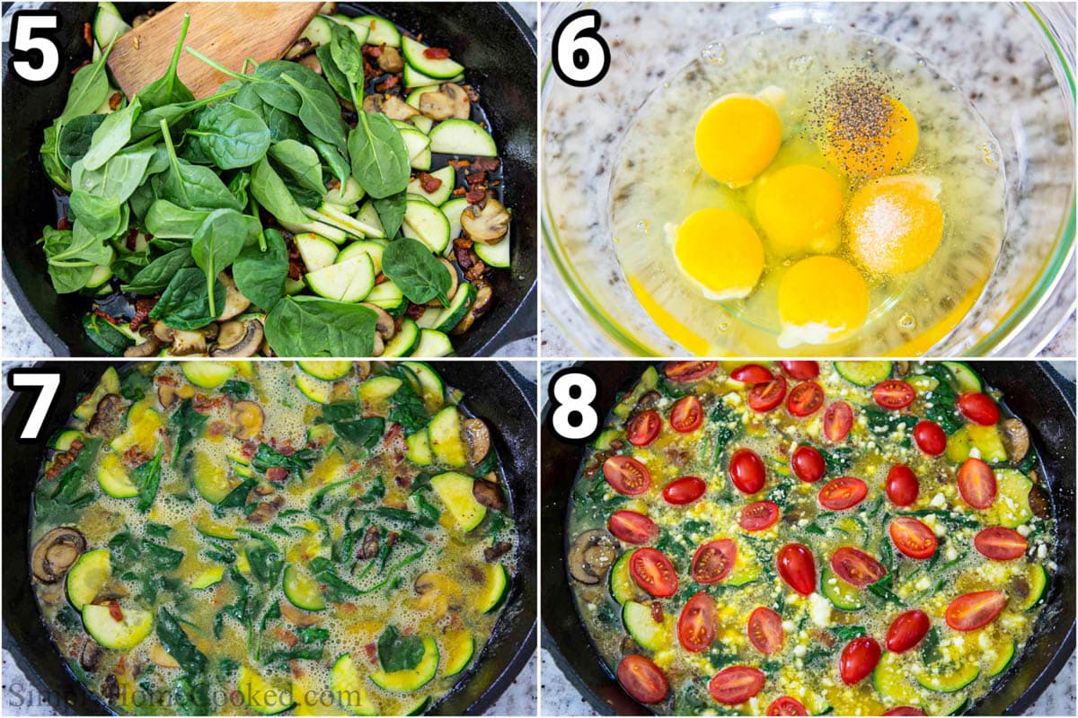 Steps to make Zucchini Frittata, including adding the spinach, eggs, and topping with cherry tomatoes before baking.