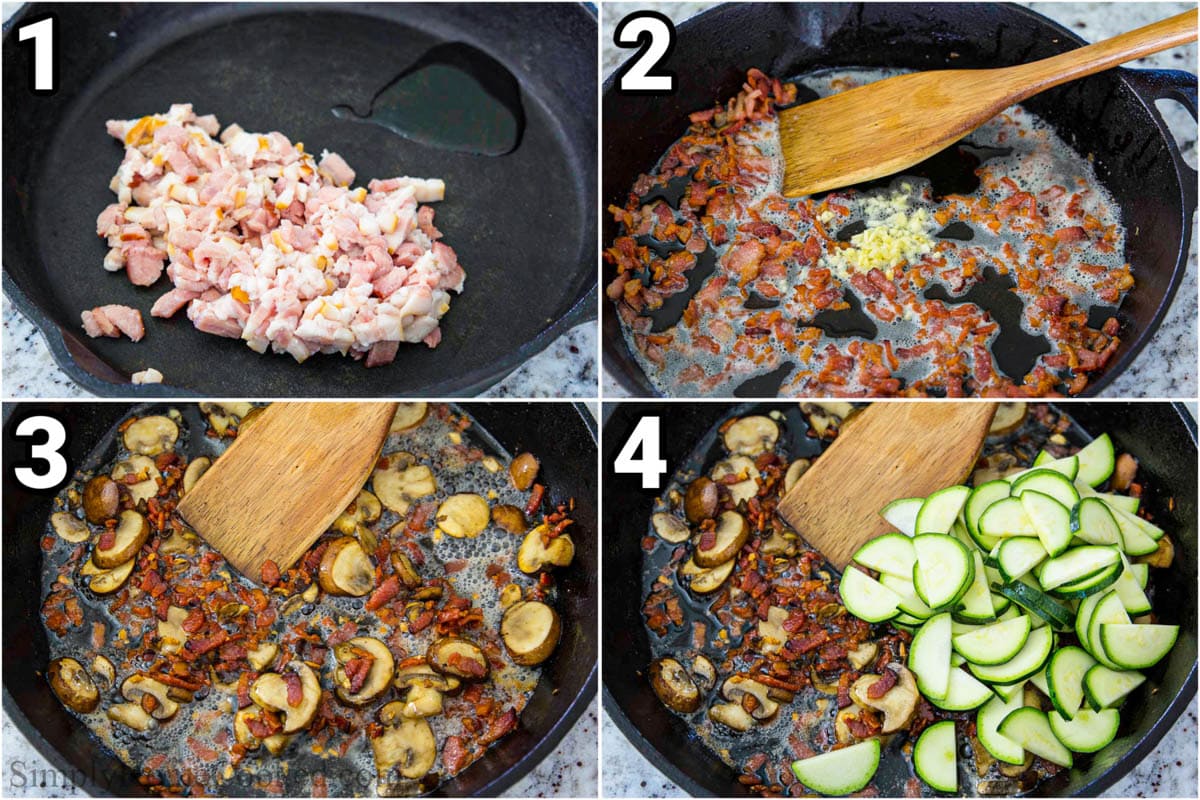 Steps to make Zucchini Frittata, including sauteing the bacon and garlic, then adding the mushrooms and zucchini, stirring with a wooden spatula.